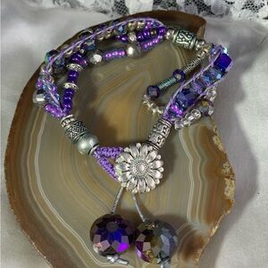 PURPLE MULTI STRAND CRYSTAL SEED BEAD SILVER TONE 7.5' Unique Bracelet